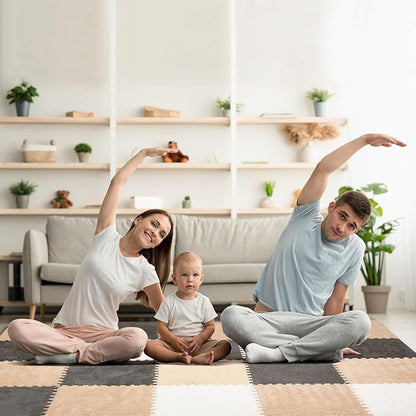 36 Pcs Plush Interlocking Carpet Tiles for Toddler Baby - Non-Toxic, Machine-Washable, Anti-Slip EVA Foam Tiles - Grey, White, Light Brown