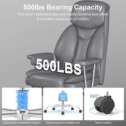 Big and Tall Office Chair, Ergonomic Leather High Back Executive Computer Desk Chair with Retractable Footrest and Padded Arms, 360°Swivel Free, 90-135°Reclining, 500lbs Wide Seat, Gray