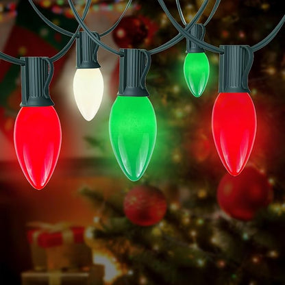 25Ft C9 LED Christmas Lights Outdoor Indoor, Multicolor Red Green White Vintage String Lights, Connectable Holiday Decor for Xmas Tree Wedding Party Patio Porch Yard