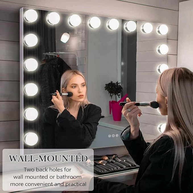Kottova Vanity Mirror with Lights,27.6 x21.6'' Large Makeup Mirror, 3 Color Modes,Touch Control, USB Charger Port, Hollywood Lighted Mirror with 18 Dimmable LED,Metal Frame,Plug in