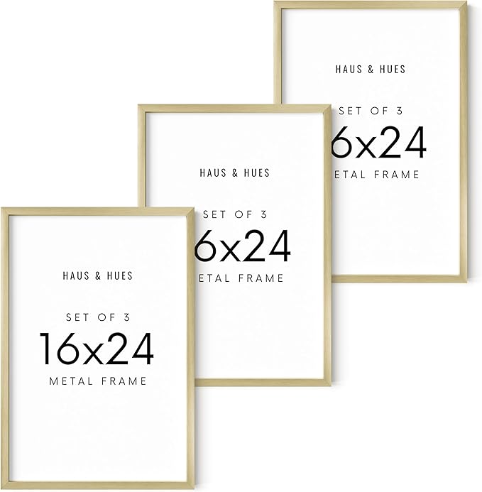 HAUS AND HUES 16x24 Gold Metal Picture Frames - Features Premium Aluminum, Vertical & Horizontal Hang, Shatterproof Plexiglass - Perfect for Home, Room, Office (16x24 in, Gold, Set of 3)