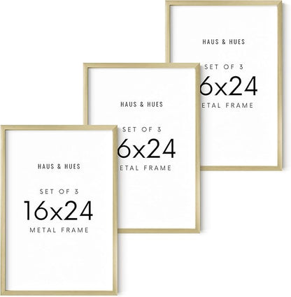 HAUS AND HUES 16x24 Gold Metal Picture Frames - Features Premium Aluminum, Vertical & Horizontal Hang, Shatterproof Plexiglass - Perfect for Home, Room, Office (16x24 in, Gold, Set of 3)