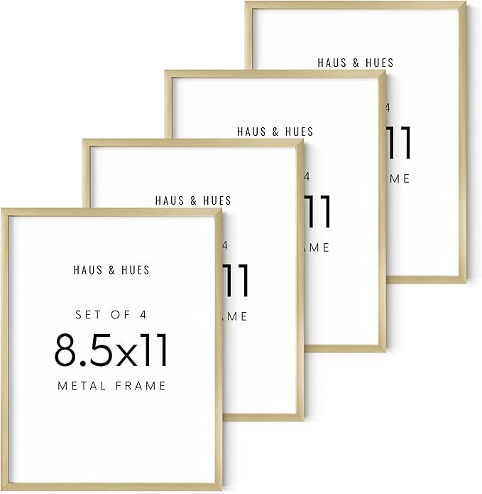 HAUS AND HUES 8.5x11 Gold Metal Picture Frames - Features Premium Aluminum, Vertical & Horizontal Hang, Shatterproof Plexiglass - Perfect for Home, Room, Office (8.5x11 in, Gold, Set of 4)