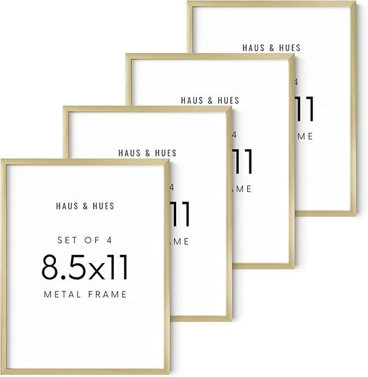 HAUS AND HUES 8.5x11 Gold Metal Picture Frames - Features Premium Aluminum, Vertical & Horizontal Hang, Shatterproof Plexiglass - Perfect for Home, Room, Office (8.5x11 in, Gold, Set of 4)