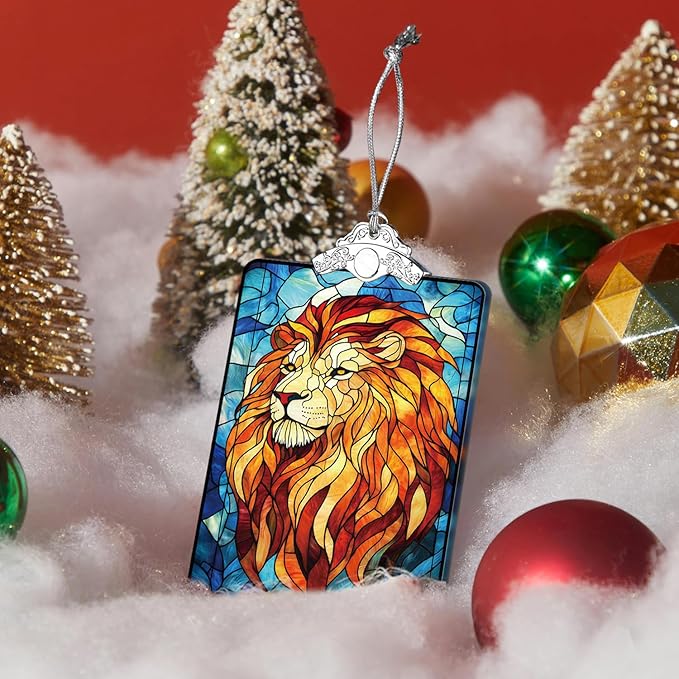 Lion Stained Glass Ornament, 2025 Christmas Tree Hanging Decoration for Gift Exchange or Stocking Stuffer, Holiday Safari Animal Decor, 3.8 x 2.4 Inch