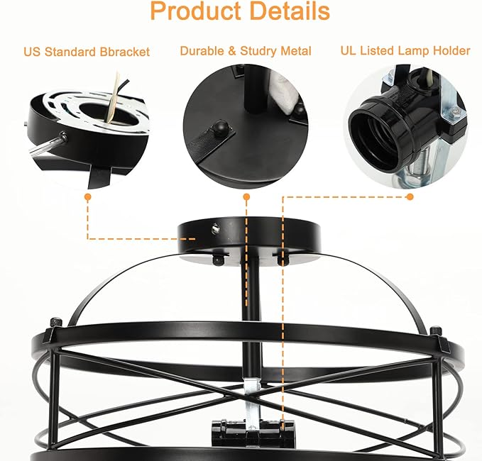 Semi Flush Mount Ceiling Light Fixtures for Farmhouse Hallway Kitchen Retro Vintage Metal Cage Drum Close to Ceiling Light E26 Base Black