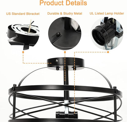 Semi Flush Mount Ceiling Light Fixtures for Farmhouse Hallway Kitchen Retro Vintage Metal Cage Drum Close to Ceiling Light E26 Base Black