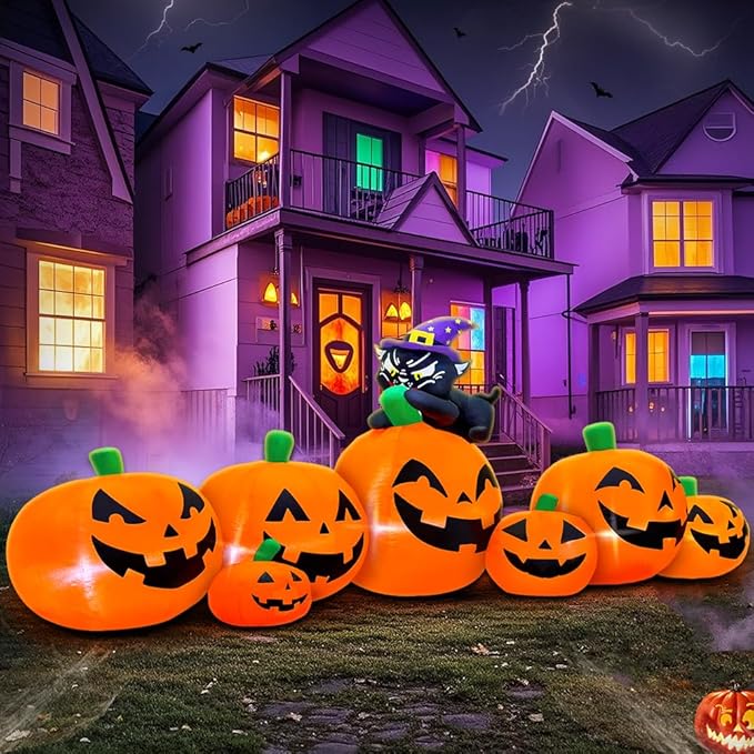 8FT Halloween Inflatables Pumpkin Decorations with Black Cat Decoration Led Light Inflatable Outdoor Decorations Blow up Inflatables for Halloween Holiday Party Lawn Yard Garden Decor