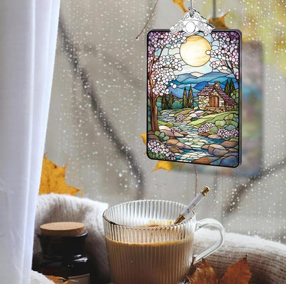 Cottage Landscape Stained Glass Ornament, 2025 Christmas Tree Hanging Decoration for Gift Exchange or Stocking Stuffer, Holiday Decor, 3.8 x 2.4 Inch