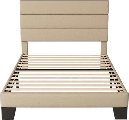Allewie Twin Size Platform Bed Frame with Fabric Upholstered Headboard and Wooden Slats Support, Fully Upholstered Mattress Foundation/No Box Spring Needed/Easy Assembly,Beige