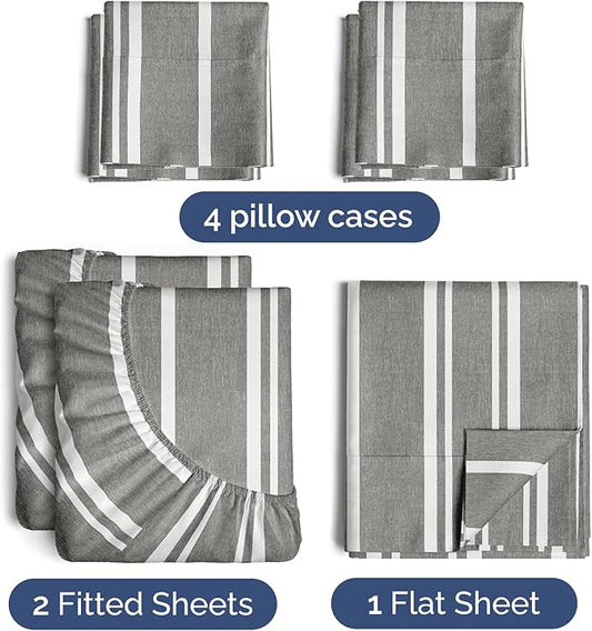 CGK Linens Split King 7 Piece Sheet Set - Cooling Sheets for Hot Sleepers - Hotel Luxury Bedding Set w/ 8-16 Inch Deep Pockets - 1 Flat & 2 Fitted & 4 Pillowcases - Soft & Wrinkle Free - Beige Stripes