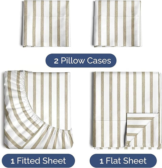 CGK Linens Twin 4 Piece Sheet Set - Cooling Sheets for Hot Sleepers - Hotel Luxury Bedding Set with 8-16 Inch Deep Pockets - 1 Flat & 1 Fitted & 2 Pillowcases - Soft and Wrinkle Free - Beige Stripes