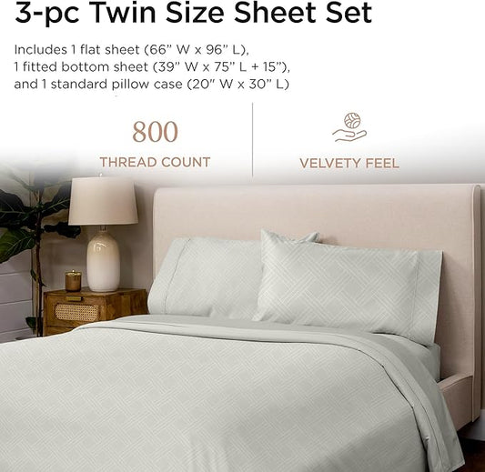 Threadmill Twin Sheets for Twin Mattress | 800 Thread Count Jacquard Celine Light Grey Sheets | 100% Cotton 3 Piece Bed Sheets | Extra Long Staple Cotton | Cotton Sheets with Elasticized Deep Pocket