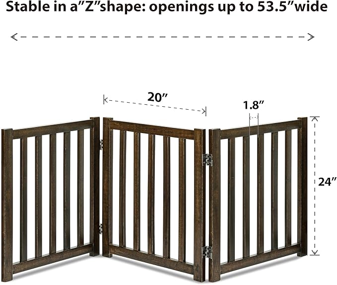 LZRS 3-Panel Wooden Free Standing Foldable Dog Gate – 24" High,Step-Over Safety Pet Gate for Doorways, Stairs, Hallways, Indoor Dog Barrier for Small to Medium Dogs & Puppies, Walnut