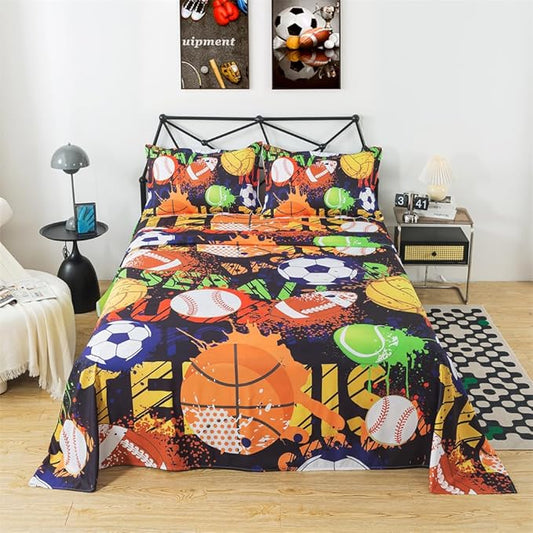 qjmiaofang Basketball Sheets Full Size Sports Sheets for Kids Boys American Football Fitted Sheet Sport Sheet Set 4Pieces Baseball and Soccer Flat Sheet 1 Fitted Sheet 1 Flat Sheet 2 Pillowcases