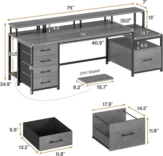 SEDETA 75'' Computer Desk with 5 Drawer, Power Outlet & Led Lights, Home Office Desk with File Drawer, Storage Shelves, Printer Cabinet and Monitor Shelf, 23.6" W Large Desktop Gaming Desk, Grey