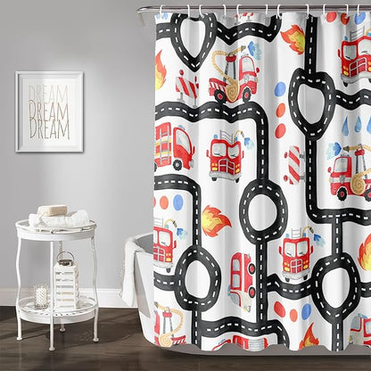 AILONEN Fire Truck Shower Curtain for Boys Bathroom Decor,Firemen Truck Bath Curtain,Construction Truck Printed Kids Curtain,Waterproof with 12 Plastic Hooks, 60" W x 72" H