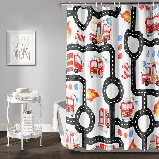 AILONEN Fire Truck Shower Curtain for Boys Bathroom Decor,Firemen Truck Bath Curtain,Construction Truck Printed Kids Curtain,Waterproof with 12 Plastic Hooks, 60" W x 72" H