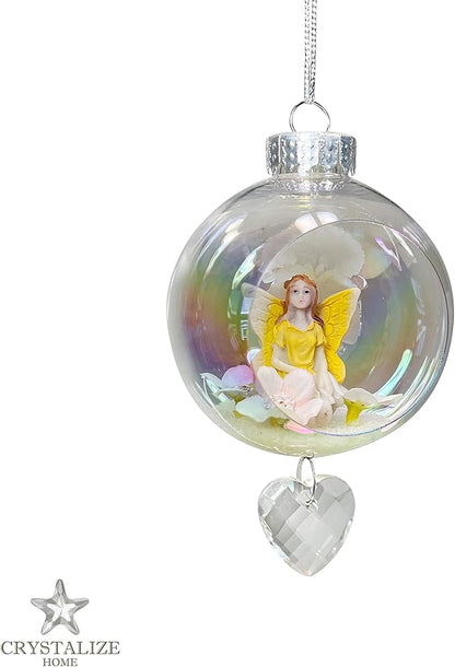 Yellow Fairy Christmas Ornament - Handmade Shatterproof Decorations for Indoor Outdoor Xmas Tree - Clear Ball Ornaments with Magnetic Crystal - Great Gift or Stocking Stuffer for Mom, Sister, Friend