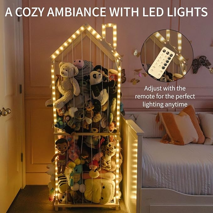 PUTSKA Extra Large Stuffed Animal Storage Zoo with LED Lights - Wooden Stuffed Animal Holder and Organizer, Stuffy & Plushies Storage, Space-Saving Plush Toy Holder for Nursery, Playroom or Kids Room