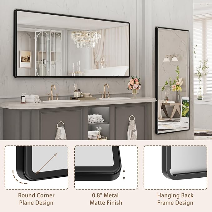 New Upgrade 72X32 Inch Wall Mounted Bathroom Mirror, Black Metal Frame Rounded Rectangle Mirror, Bathroom Vanity Mirror with Tempered Glass for Washroom Bedroom Living Room