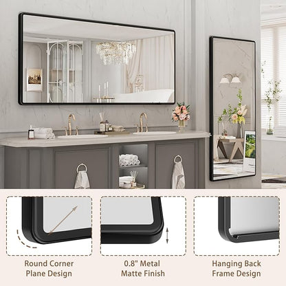 New Upgrade 72X32 Inch Wall Mounted Bathroom Mirror, Black Metal Frame Rounded Rectangle Mirror, Bathroom Vanity Mirror with Tempered Glass for Washroom Bedroom Living Room