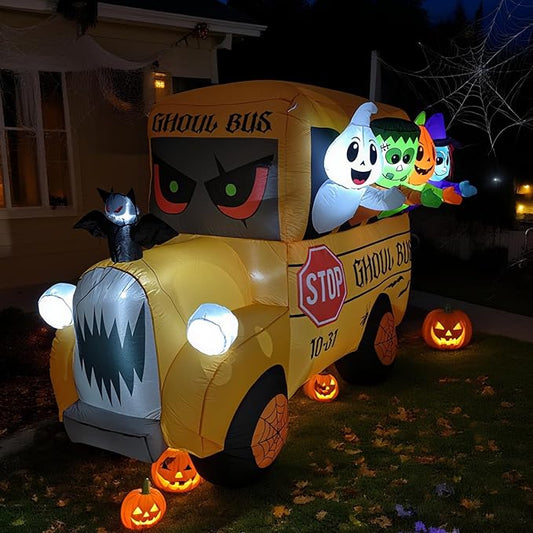 8FT Halloween Inflatable Ghoul Bus with LED Lights - Giant Haunted School Bus Yard Decoration for Outdoor Halloween Party, Haunted House, Trick or Treat Decor (Ghost, Pumpkin, Witch Design)