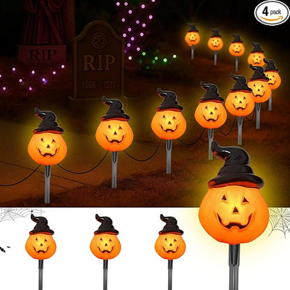 Halloween Pumpkin Pathway Lights Outdoor, 4PCS Jack O Lantern Pumpkin Light with Stake,Outdoor LED Walkway Lights Lights for Halloween Driveway Garden Yard Lawn Lights Decor