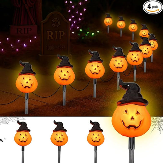 Halloween Pumpkin Pathway Lights Outdoor, 4PCS Jack O Lantern Pumpkin Light with Stake,Outdoor LED Walkway Lights Lights for Halloween Driveway Garden Yard Lawn Lights Decor