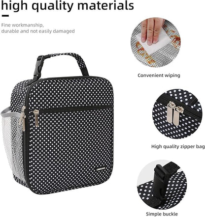 Lunch box Lunch bag for men women Insulated Lunchbox Lunch bags for Work Picnic Travel (Black polka dot)