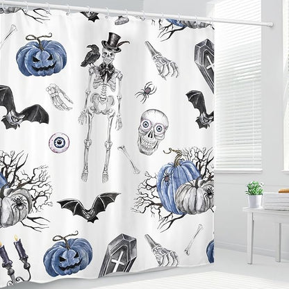 Skull Halloween Bat Shower Curtain 60Wx72L Inch Pumpkin Spooky Scary Skeleton Grave Blue Black Holiday Bathroom Set Accessories Decor Polyester Waterproof with 12 Pack Hooks
