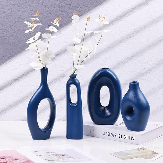 Blue Ceramic Vase Set - Round Hollow Vases for Pampas Grass & Flowers - Modern Minimalist Centerpieces for Living Room, Entryway & Dining Table, Navy Blue Color