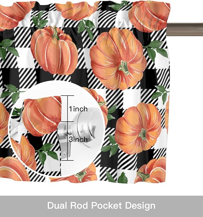 Fall Kitchen Curtains Valances for Windows Thanksgiving Halloween Pumpkins Rod Pocket Window Treatment for Kitchen /Living Room/Bedroom/ Bathroom,60" X 18"-1 Panel, Farmhouse Black White Buffalo Plaid
