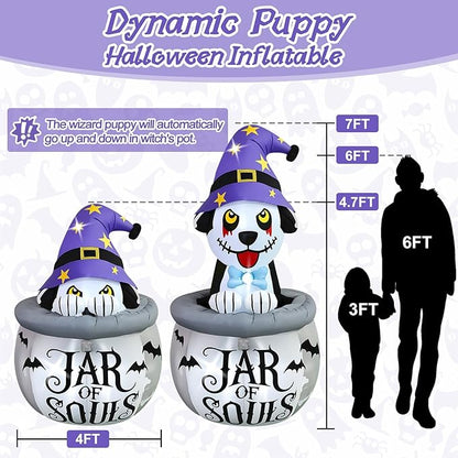 Kalolary 7FT Halloween Inflatables Animated Puppy Dog with Music, Witch Cauldron Halloween Blow Up Yard Decoration with Built-in LEDs for Indoor Outdoor Holiday Party Garden Lawn Decor