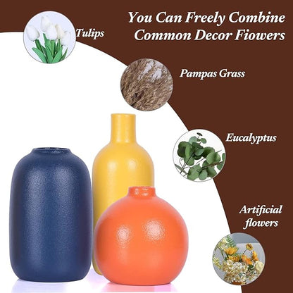 Colorful Ceramic Vase Set, Small Burnt Orange Blue Yellow Vases Home Decor,Fall Décor Modern Farmhouse Vases for Home Decor, Organic Decor Accents for Living Room, Table, Shelf, Entryway, Set of 3