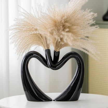 Black Hollow Ceramic Vases for Home Decor, Love Heart Snuggle Vase Set of 2, Modern Nordic Aesthetic Decorative Vase for Table Centerpiece Living Room Decoration (W 11.8" X H 9.8")