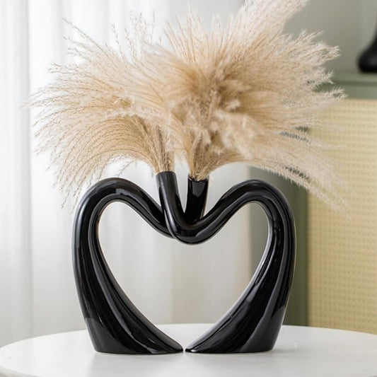 Black Hollow Ceramic Vases for Home Decor, Love Heart Snuggle Vase Set of 2, Modern Nordic Aesthetic Decorative Vase for Table Centerpiece Living Room Decoration (W 11.8" X H 9.8")