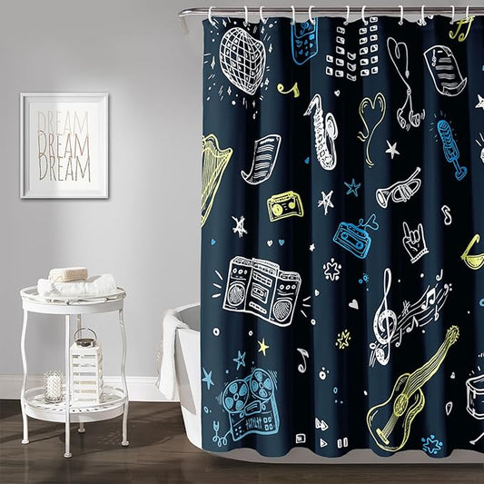 AILONEN Graffiti Note Music Shower Curtain,Hip Hop Music Art Bath Curtain Minimalist Bathroom Curtain 72" W*84" H Polyester Waterproof Bathroom Curtain with 12 Hooks