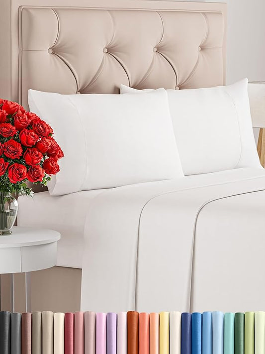 CGK Linens Twin 4 Piece Sheet Set - Cooling Sheets for Hot Sleepers - Hotel Luxury Bedding Set with 8-16 Inch Deep Pockets - 1 Flat & 1 Fitted & 2 Pillowcases - Soft and Wrinkle Free - Antique White