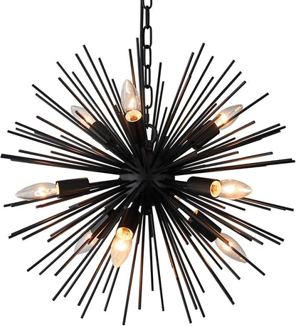 20" Black Sputnik Chandelier Vintage 9-Light Geometric Starburst Chandelier Light Fixture Farmhouse Solid Metal Black Sputnik Chandeliers for Dining Room, Kitchen, Bedroom, Living Room