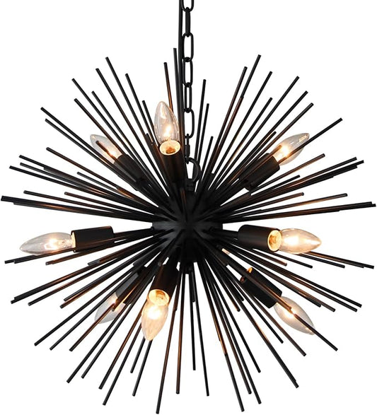 20" Black Sputnik Chandelier Vintage 9-Light Geometric Starburst Chandelier Light Fixture Farmhouse Solid Metal Black Sputnik Chandeliers for Dining Room, Kitchen, Bedroom, Living Room