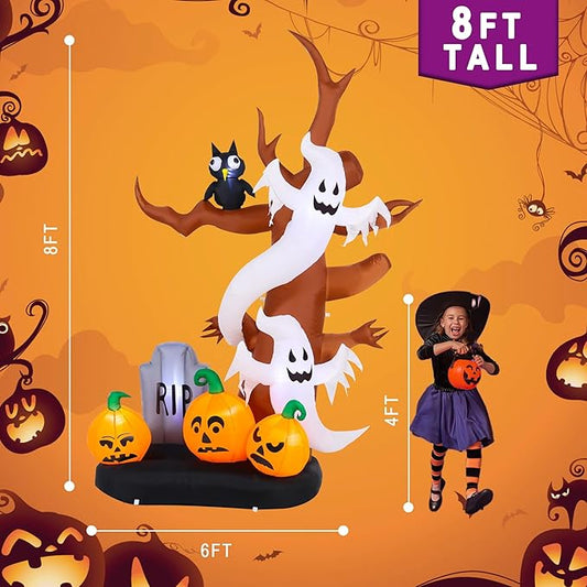 8 FT Halloween Inflatables Outdoor Decorations, Giant Blow Ups Flying Ghosts Pumpkin Tree with Build-in LED Lights, Funny Yard Garden Decoration for Halloween Party Indoor Outdoor