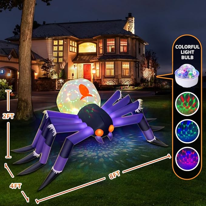 8FT Halloween Inflatables Spider Decoration, Built in 3-Colored Flame Rotation LEDs Halloween Blow up Outdoor Decorations for Halloween Holiday Party Lawn Yard Outside Garden Décor