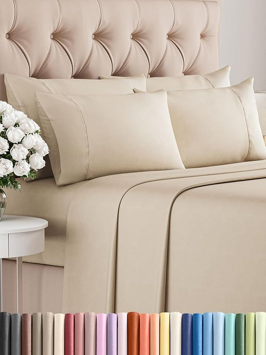 CGK Linens Queen 6 Piece Sheet Set - Cooling Sheets for Hot Sleepers - Hotel Luxury Bedding Set with 8-16 Inch Deep Pockets - 1 Flat & 1 Fitted & 4 Pillowcases - Soft, Easy Care & Wrinkle Free - Wheat