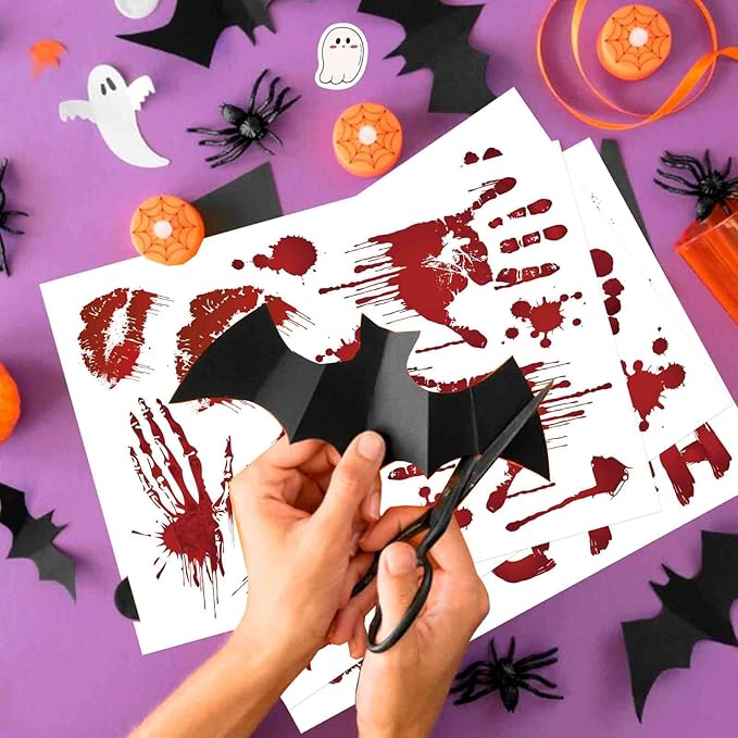 Halloween Wall Stickers, 8 Sheets Bloody Handprint and Footprint Stickers, Scary Halloween Party Decorations, Large Size Door Bathroom Indoor & Outdoor Home Decor
