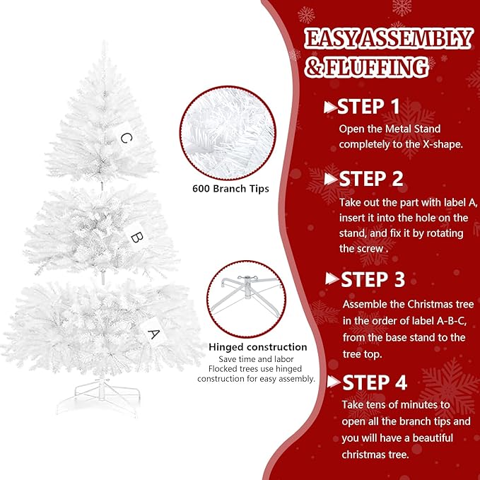 5ft Artificial Christmas Tree, Arbol de Navidad with 600 Branch Tips, Premium North Valley Spruce with Foldable Base Stand, Xmas Tree for Home, Office,Party Decoration-White
