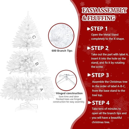 5ft Artificial Christmas Tree, Arbol de Navidad with 600 Branch Tips, Premium North Valley Spruce with Foldable Base Stand, Xmas Tree for Home, Office,Party Decoration-White