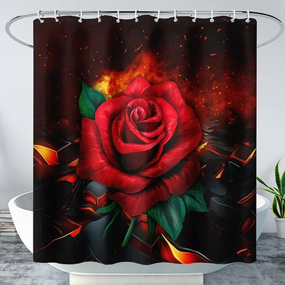 AILONEN Red Rose Shower Curtain for Bathroom, 3D Print Romantic Flower Bath Curtain,Modern Botanical Flame Fire Rose Flower Waterproof Shower Curtain Decoration with 12 Plastic Hooks, 60" W*72" H