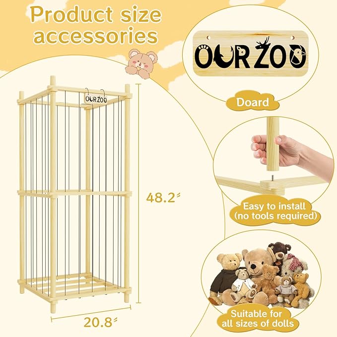 Stuffed Animal Zoo Storage Cage Wooden, 48''(4ft) Wood Extra Large Stuffed Animal Storage Basket, Toy Storage for Big Stuffed Animals, Large Toy Chest for Kids Girls Boys Toy Organizer Holder