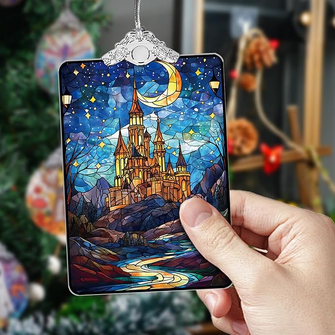 Castle Stained Glass Ornament, 2025 Christmas Tree Hanging Decoration for Gift Exchange or Stocking Stuffer, Fantasy Holiday Decor, 3.8 x 2.4 Inch